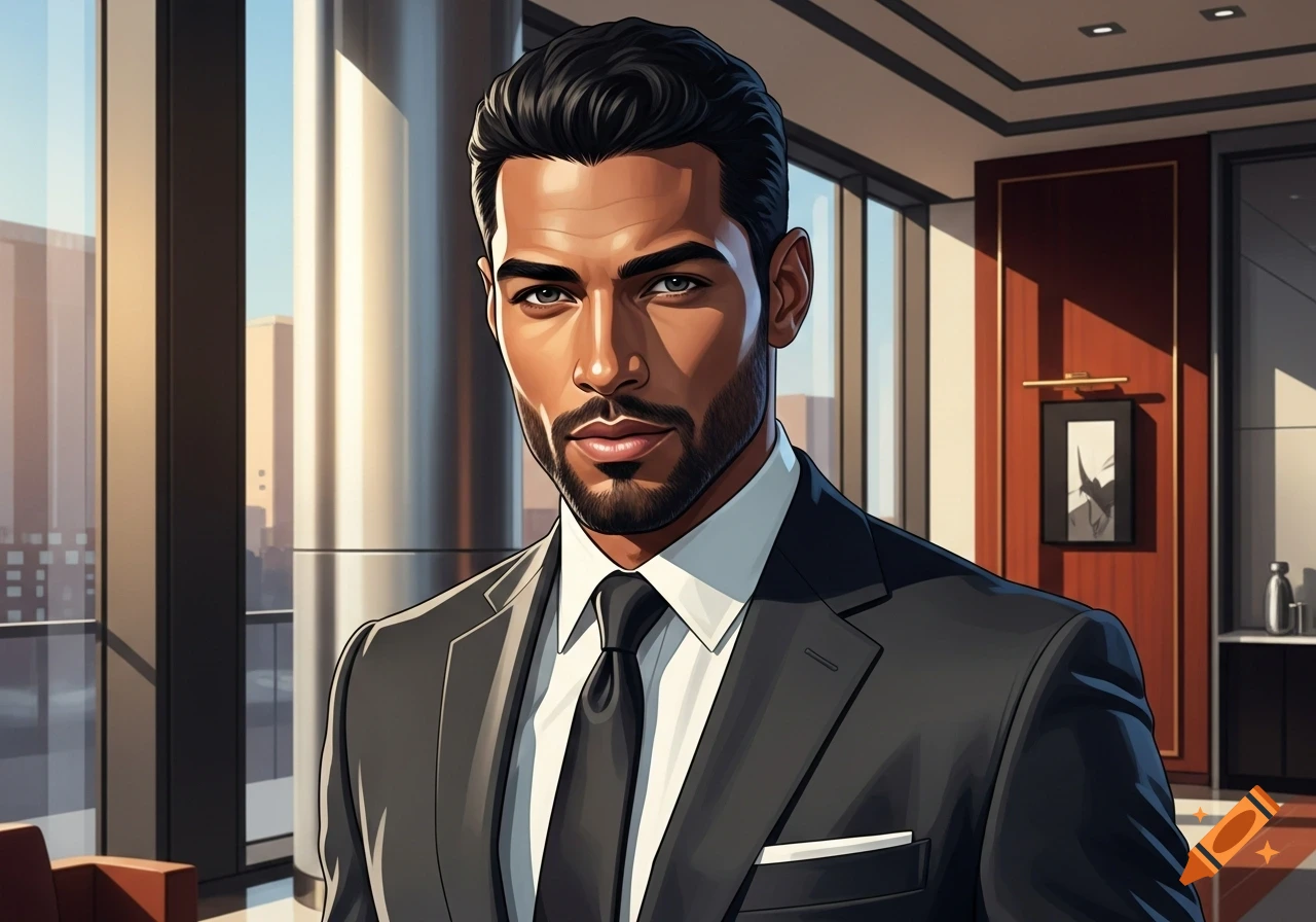 A charismatic man with dark hair and a light beard, wearing a black suit, stands in a modern office with large windows. Cartoon style.