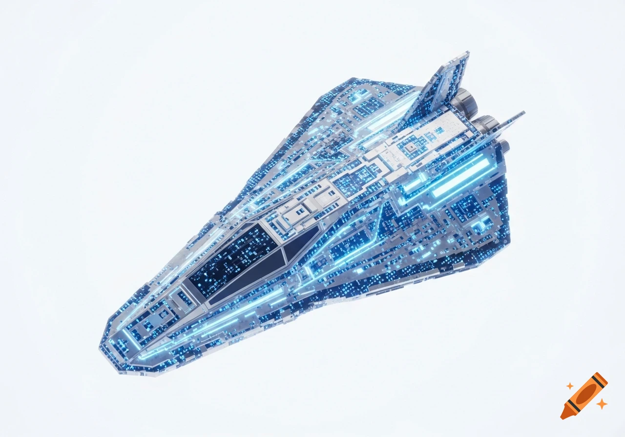 A top-down view of a pixelated, futuristic spaceship with glowing blue details on a white background.