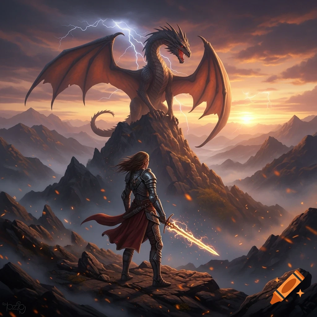 A female warrior with a glowing sword stands on a rocky mountain facing a large dragon perched on a distant peak under a dramatic sunset sky with lightning.