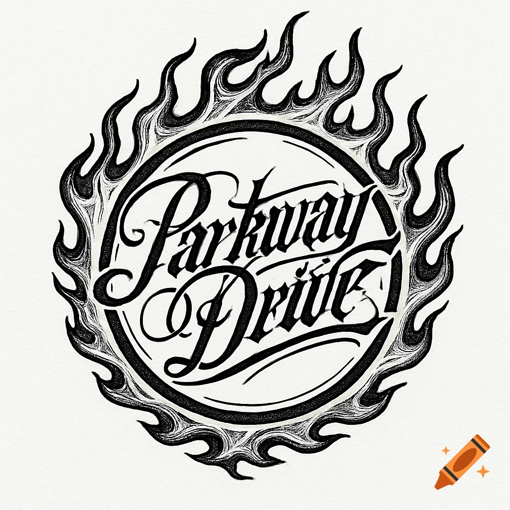 Black and white Parkway Drive logo in a gothic script font, encircled by stylized flames, on a white background.
