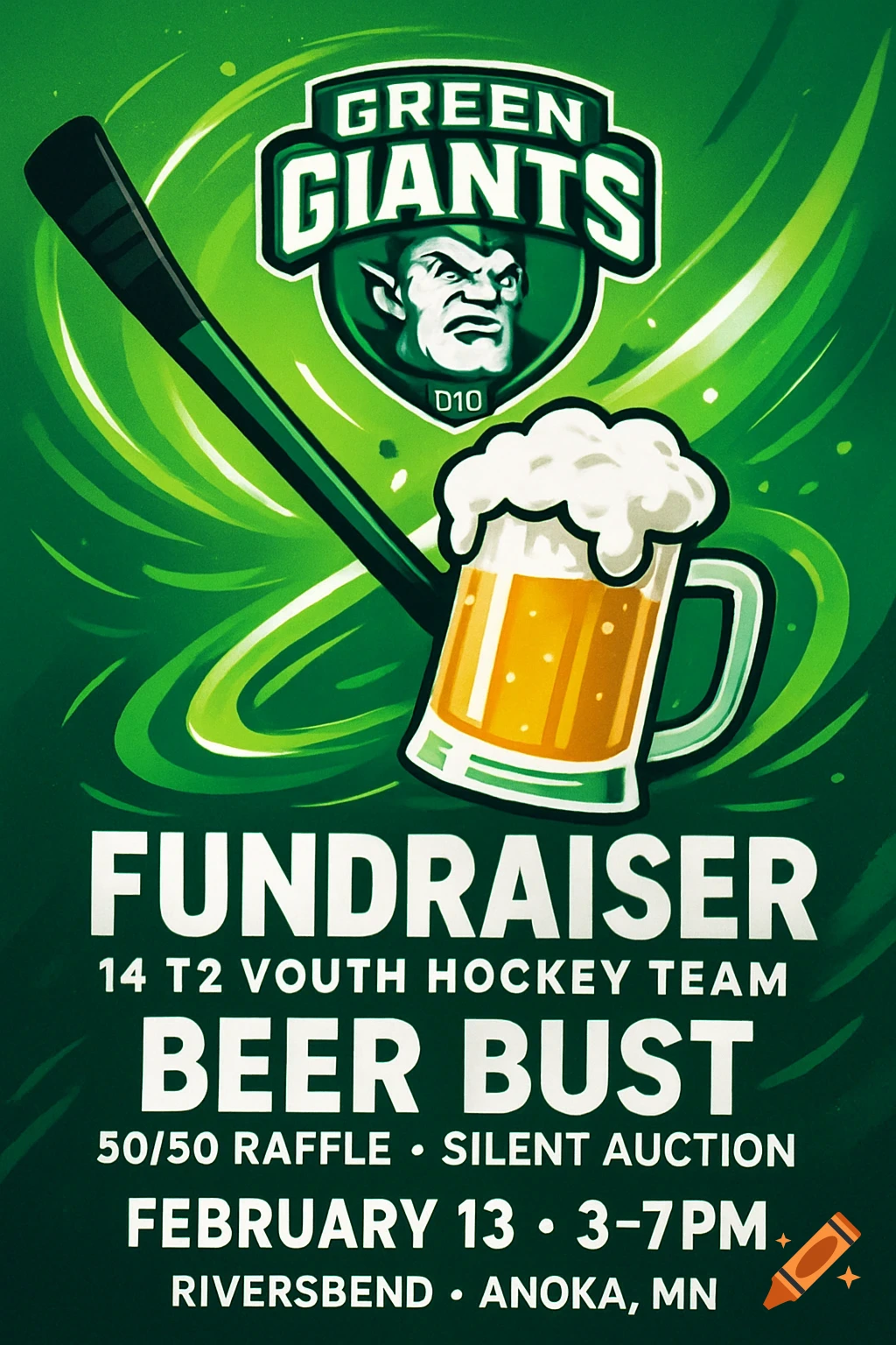 A green and white flyer for a "Green Giants D10" youth hockey team fundraiser, featuring a beer mug, hockey stick, and event details.