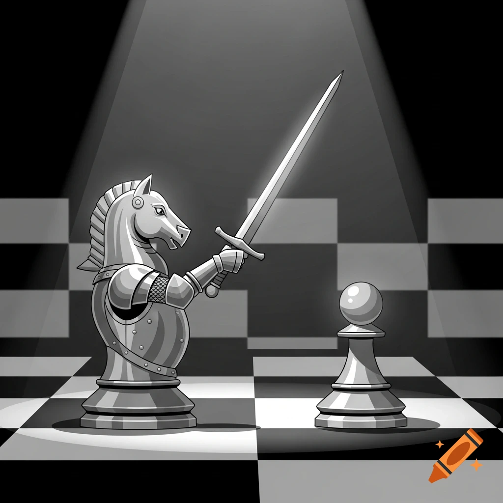 A silver chess knight with a sword confronts a pawn on a chessboard under a spotlight, in an illustration.