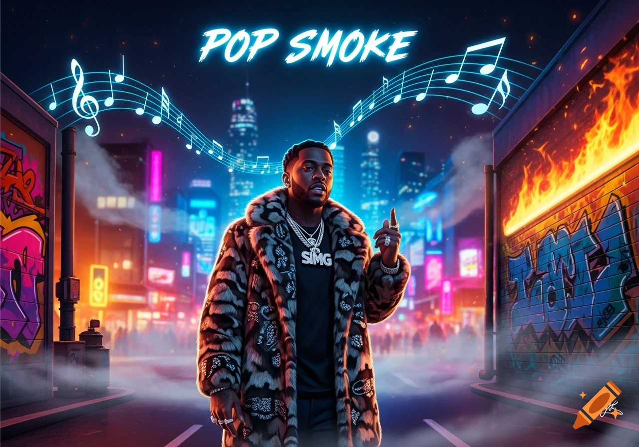 A stylized illustration of a male rapper in a fur coat and chains, in a neon-lit urban street with musical notes and graffiti.