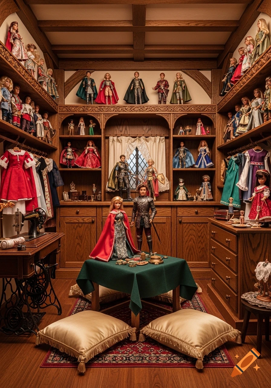A cozy Tudor-style room filled with fantasy-dressed Barbie and Ken-like dolls on shelves and a low table, featuring a sewing machine.