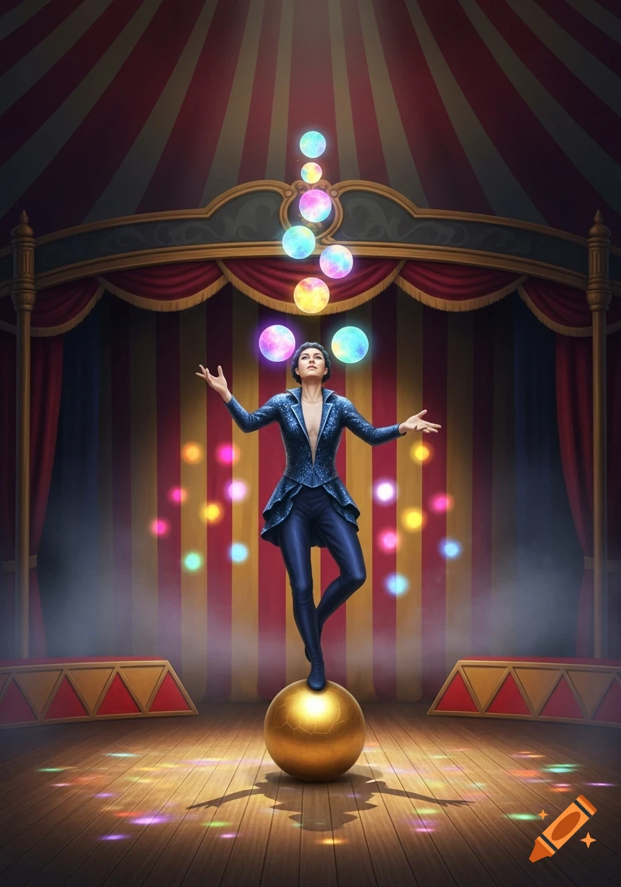 A woman in a blue costume balances on a golden ball, juggling glowing orbs on a circus stage under a striped tent.