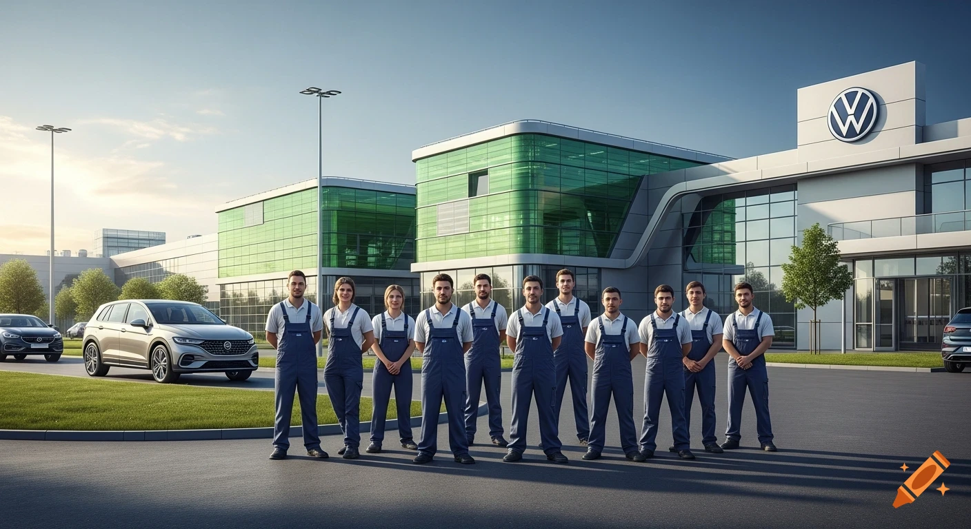 Group of automotive workers in blue overalls stand in front of a modern Volkswagen plant with cars, photorealistic.