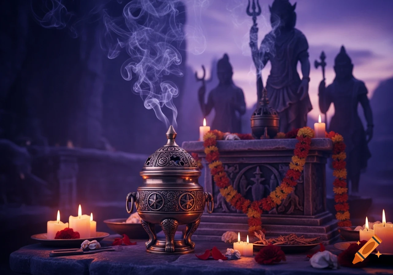 An ornate bronze incense burner emits smoke amidst lit candles and flower garlands, with blurred deity statues in a purple-hued background.
