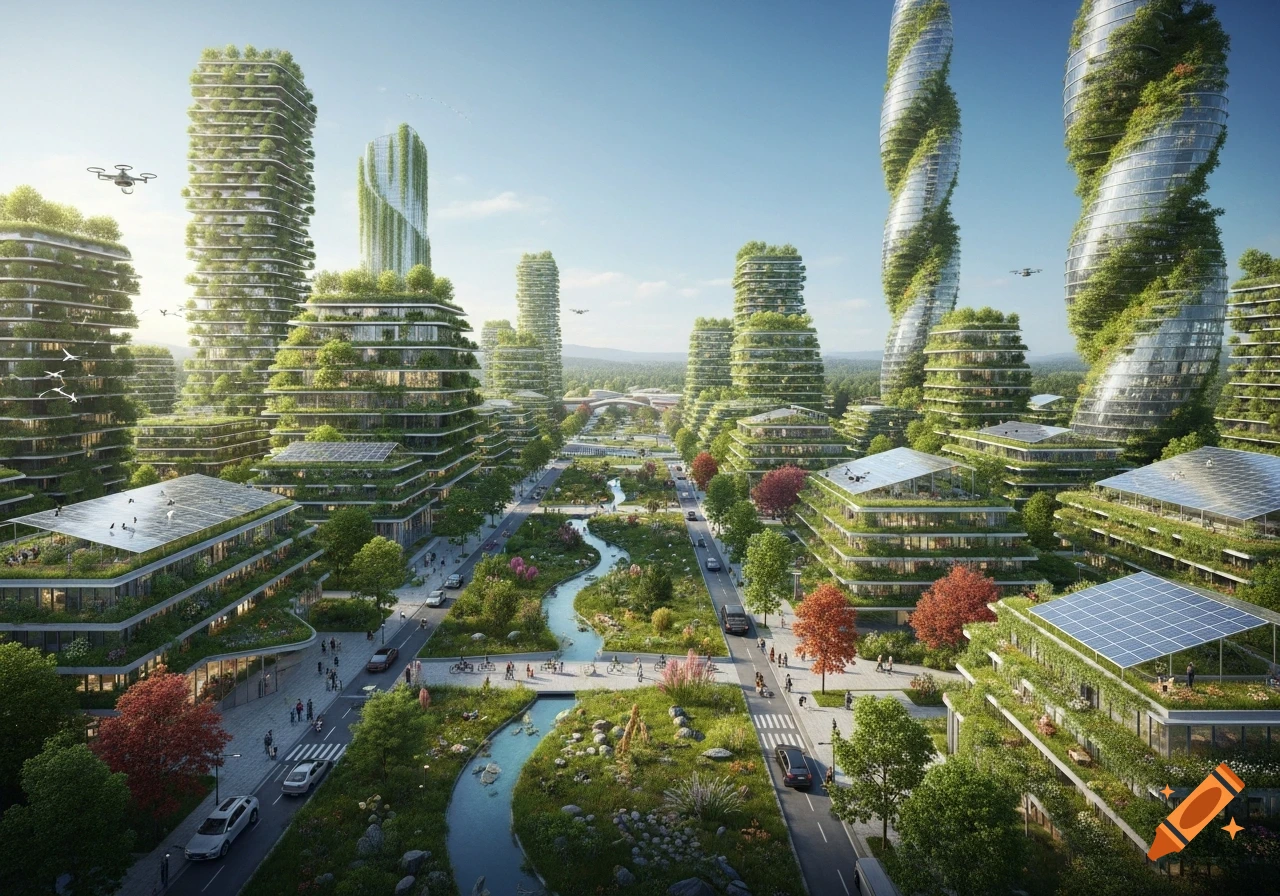 An aerial view of a vibrant, green futuristic city with foliage-covered skyscrapers, winding river, parks, solar panels, and drones under a clear sky.