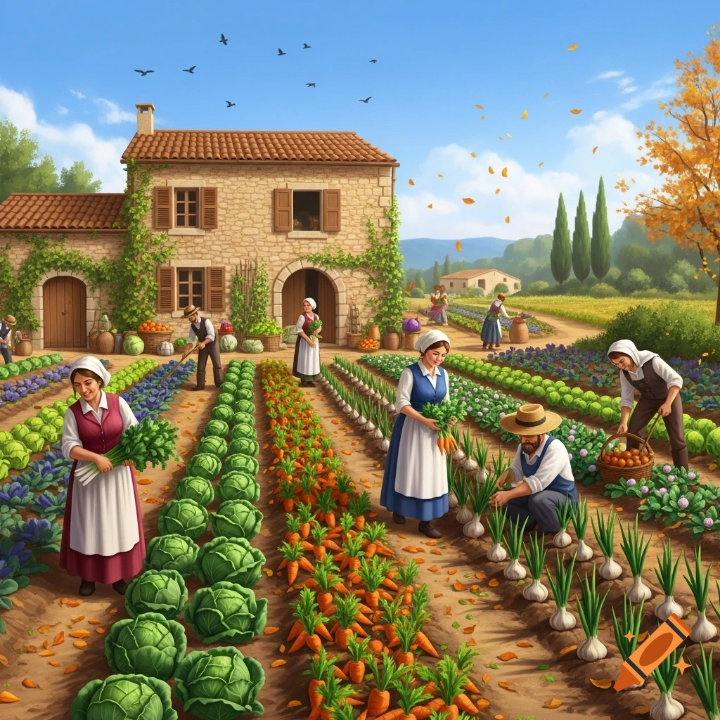 People in traditional clothing harvest rows of cabbage, carrots, and onions in a lush field with a stone house and trees under a blue sky.