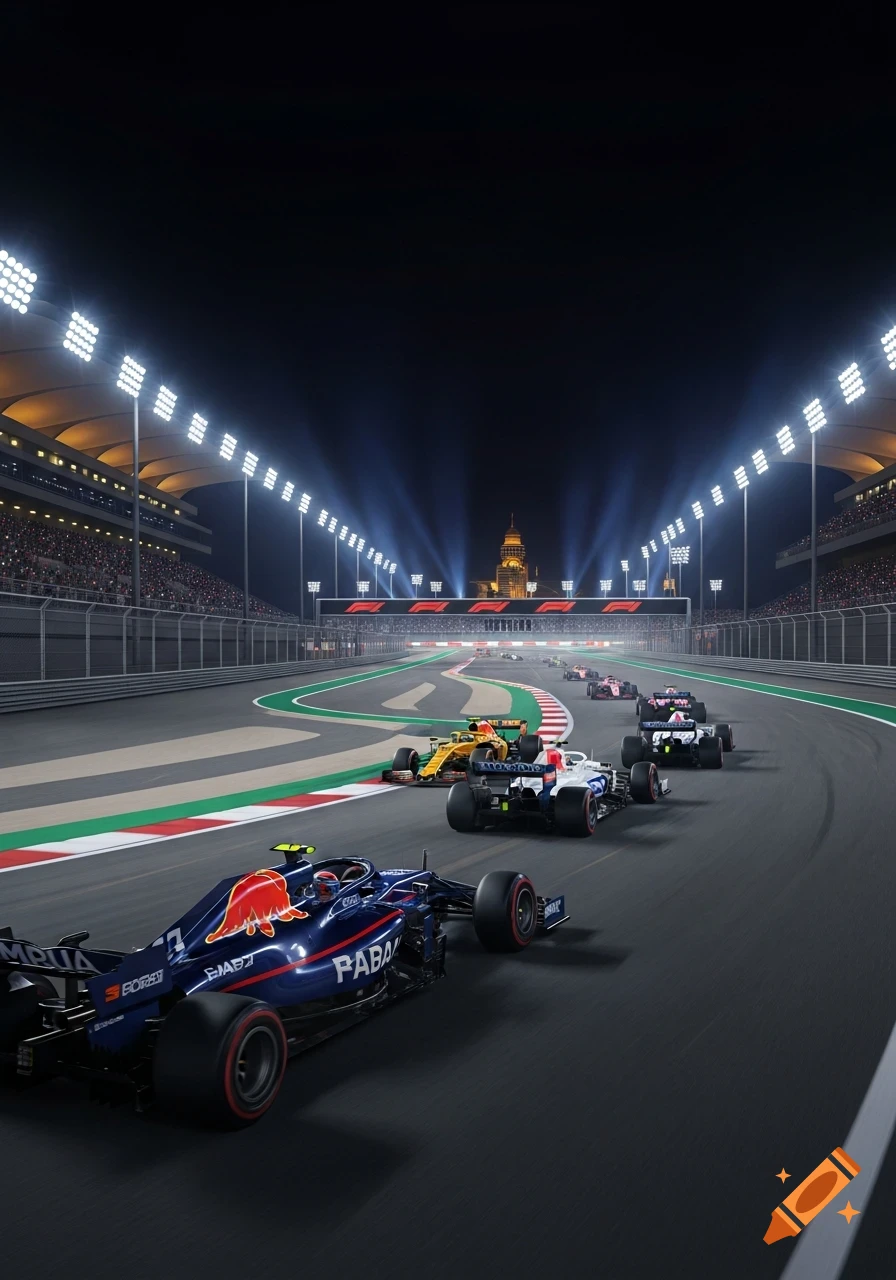 Photorealistic night shot of Formula 1 race cars speeding around a brightly lit track with crowds in the stands.