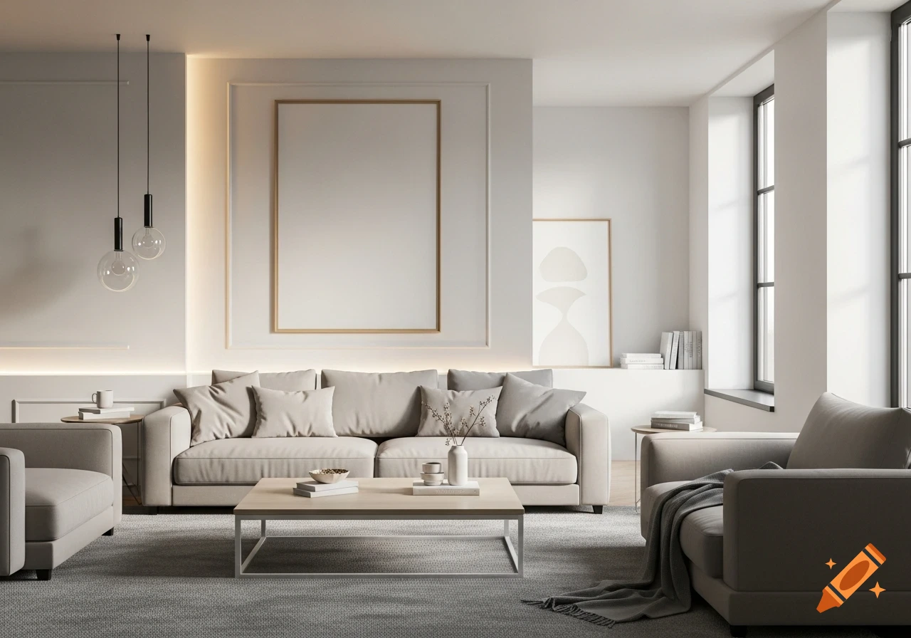 Photorealistic modern living room with a large beige sofa, light wood coffee table, two armchairs, and abstract art on white walls, illuminated by ambient and natural light.