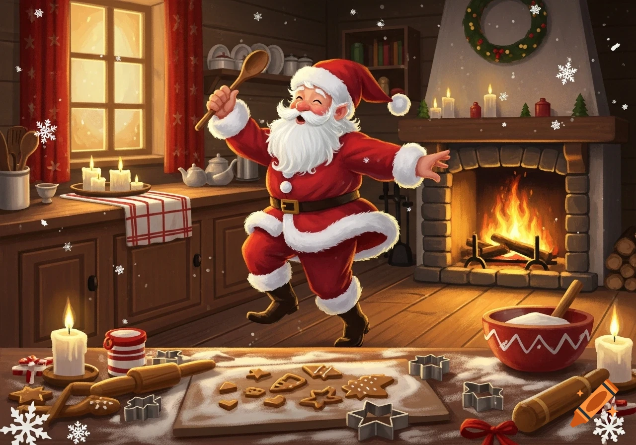 Jolly Santa Claus dances in a festive kitchen, baking gingerbread cookies by a warm fireplace with falling snowflakes.