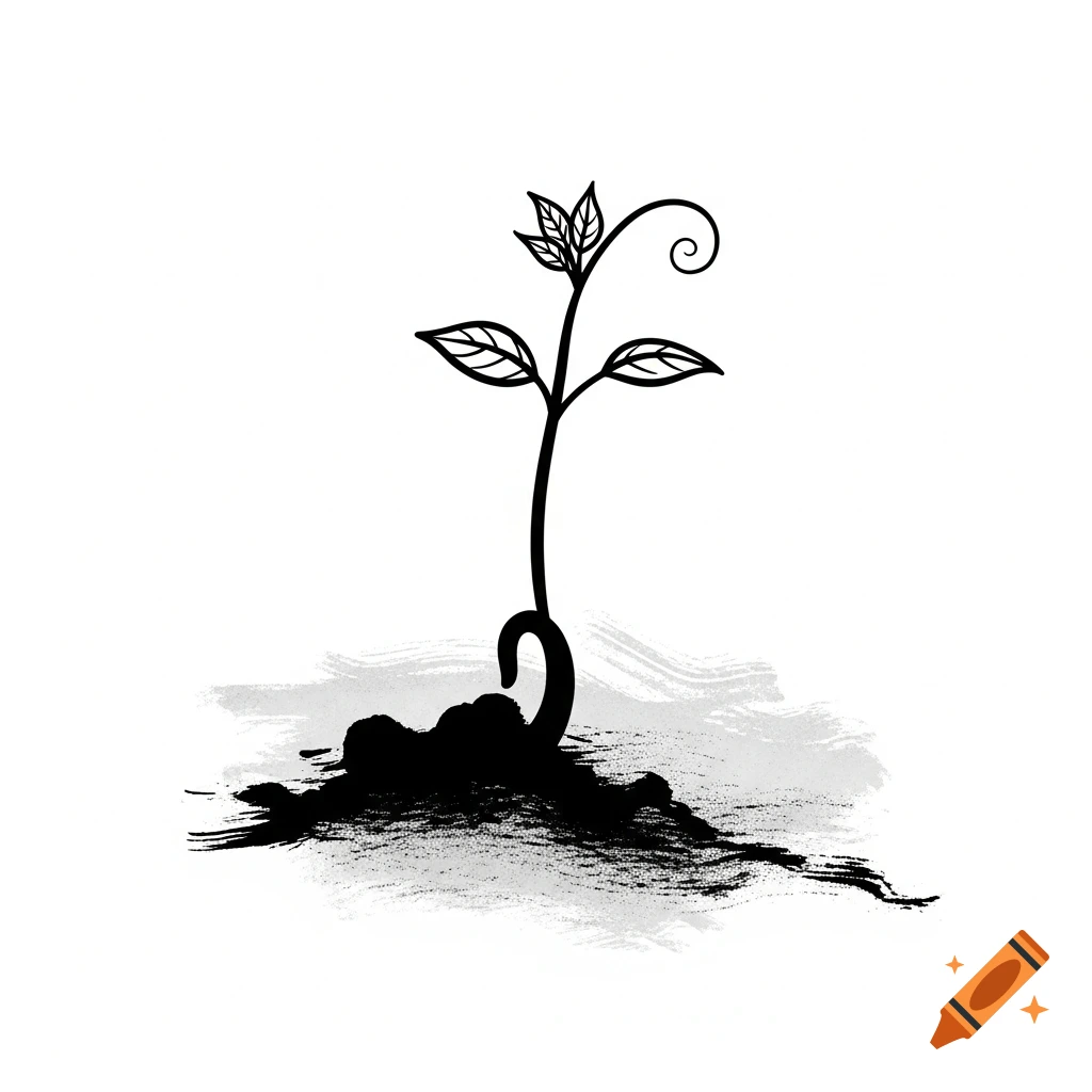 A minimalist black and white calligraphic drawing of a plant sprout emerging from abstract ground.