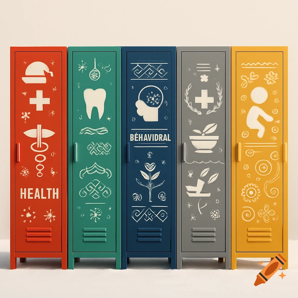 Five colorful lockers, each decorated with health-related symbols and patterns, including medical, dental, and behavioral themes.