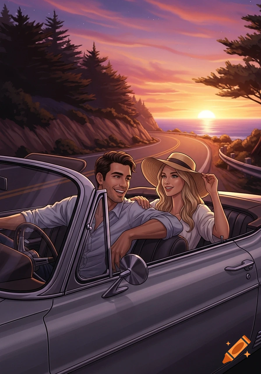 An illustrated couple smiling in a convertible car driving along a coastal road at sunset.