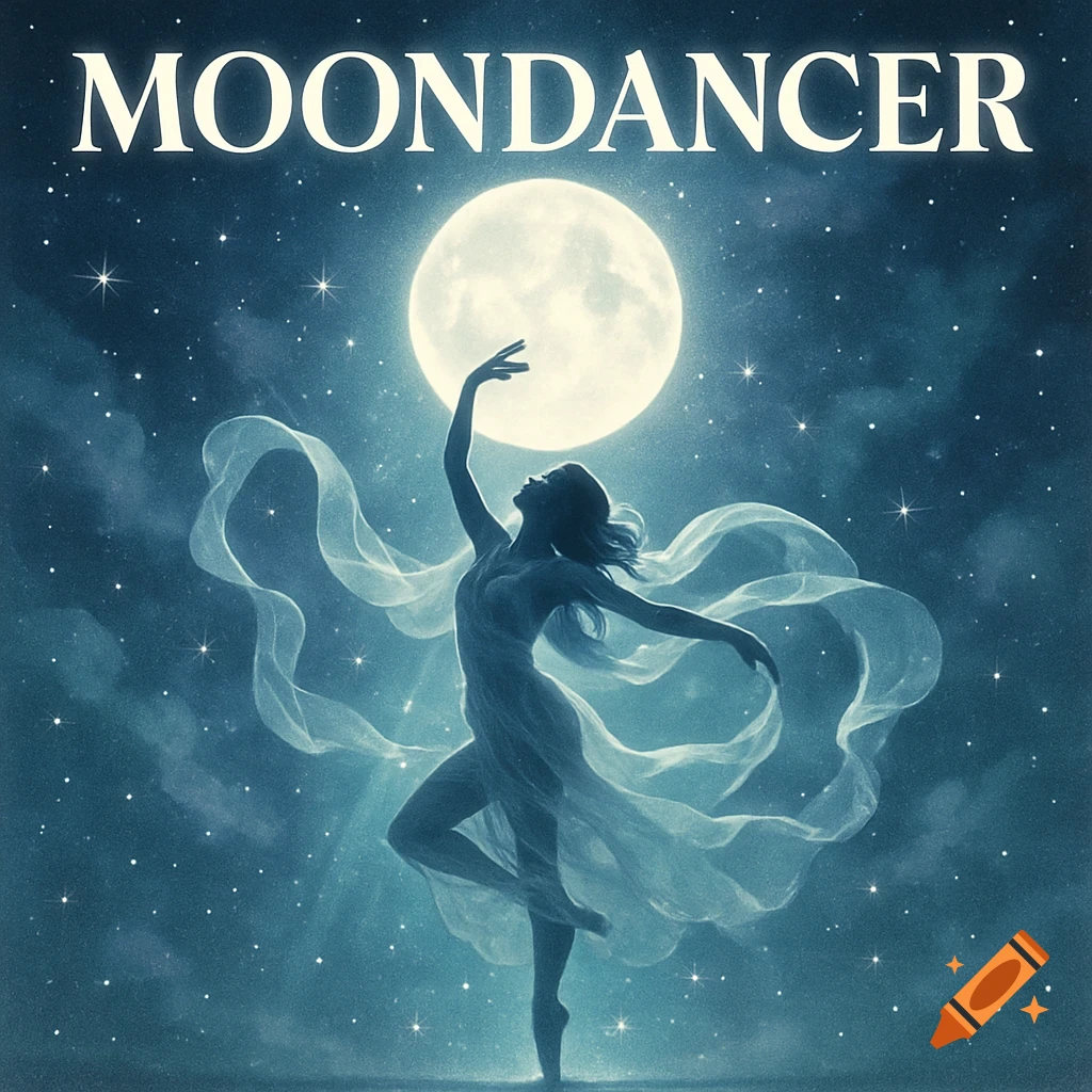 A silhouetted female dancer with flowing fabric under a full moon and starry night sky, with 'MOONDANCER' text.