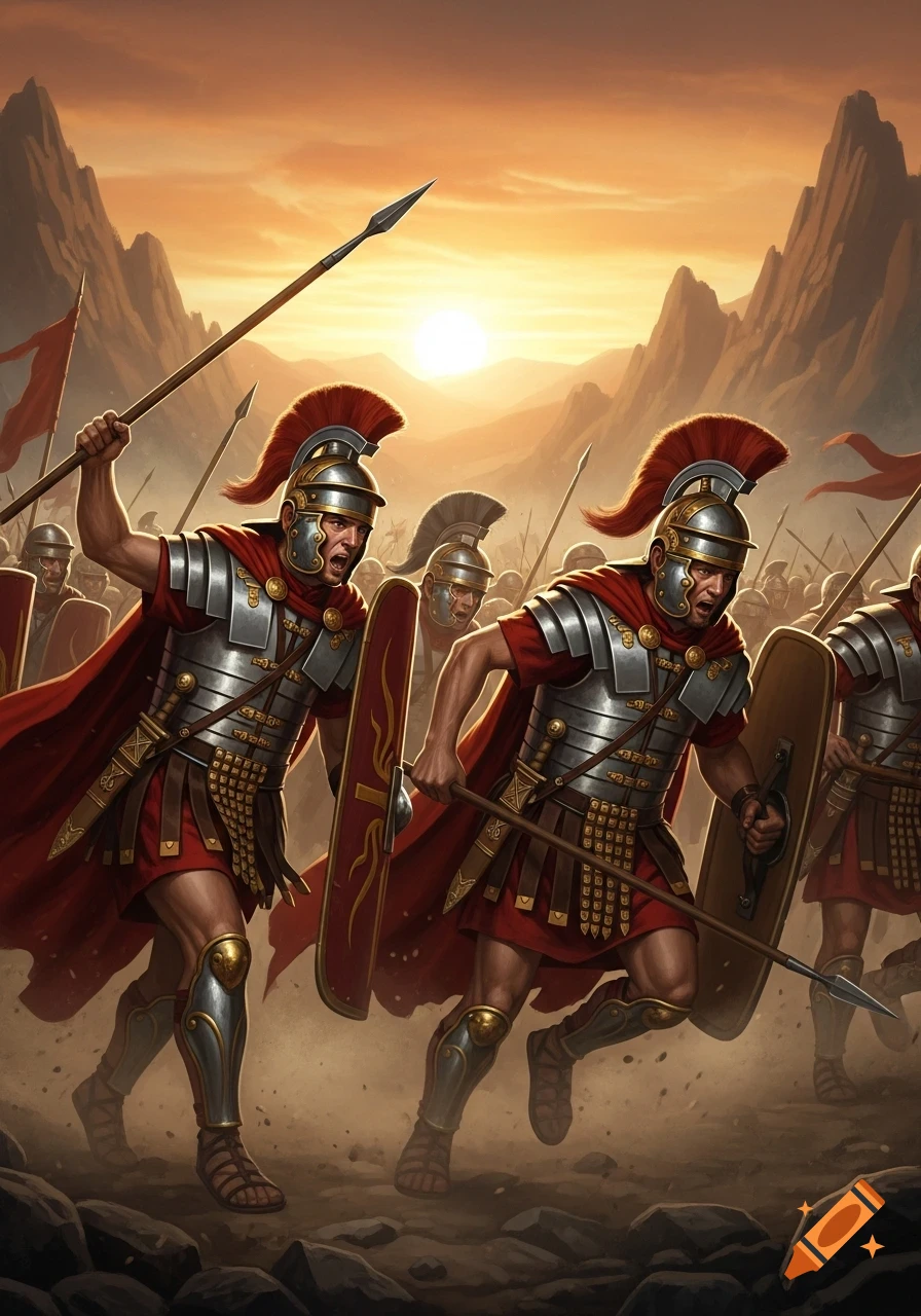 Dynamic, cinematic illustration of Roman legionaries in armor, running into battle at sunset against a mountainous backdrop.