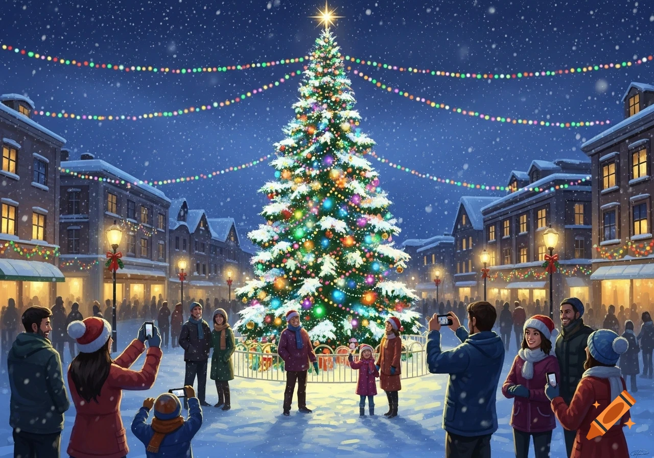 Families gather in a snowy town square, admiring and photographing a large, brightly lit Christmas tree at night, surrounded by festive buildings.