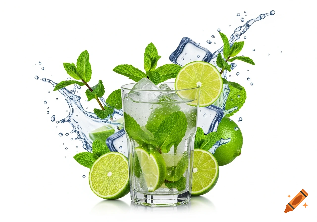 A photorealistic glass of mojito with mint, lime slices, whole limes, ice cubes, and water splashing on a pure white background.
