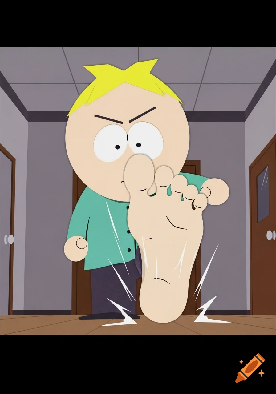 Butters Stotch from South Park looks down menacingly as his large bare foot stomps towards the viewer from a low-angle perspective, in the show's signature flat cartoon style.
