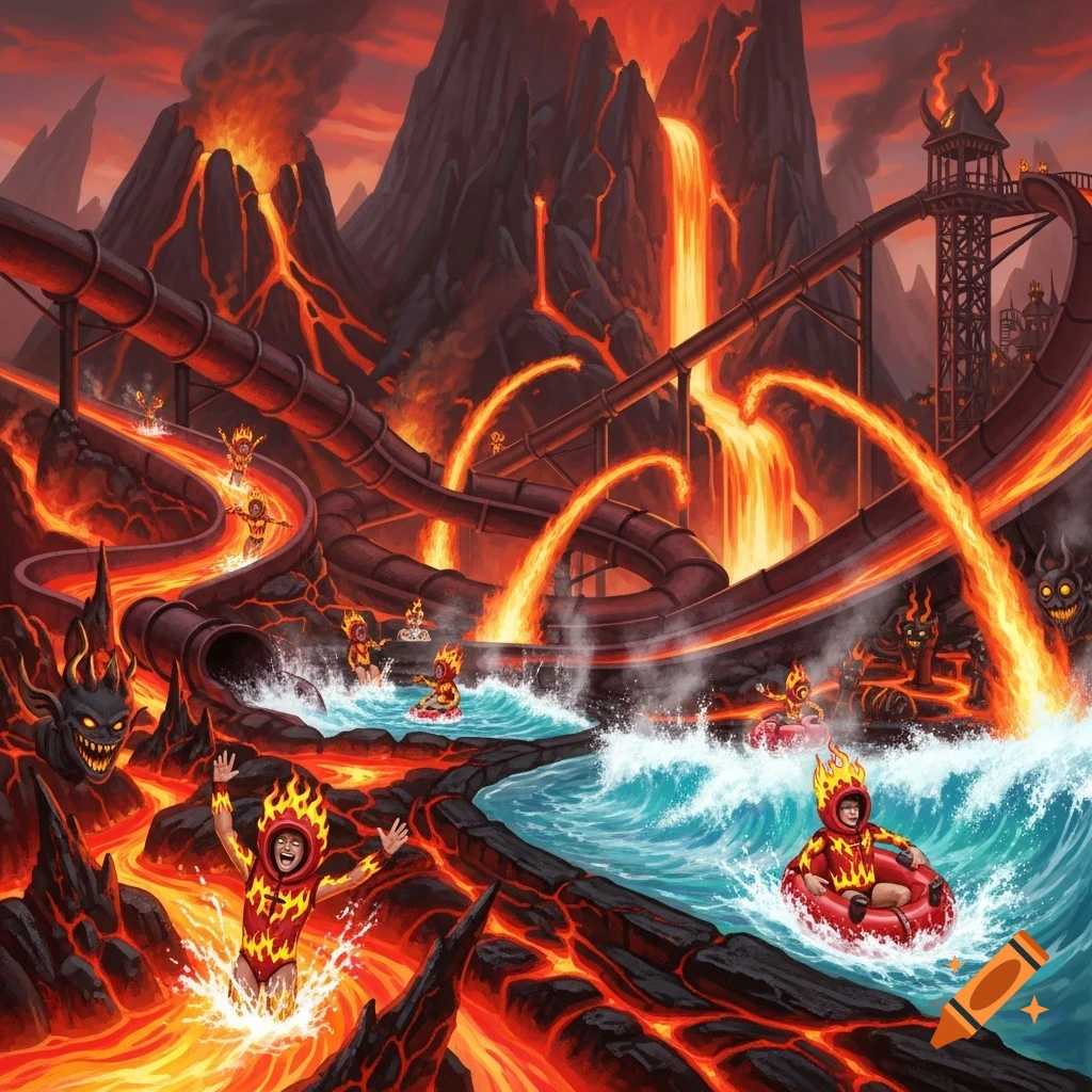 Vibrant cartoon illustration of a 'Hell water park' featuring lava slides, volcanic mountains, and people in fire costumes enjoying water rides.
