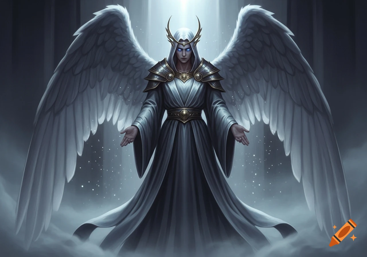 A powerful angelic figure with large white wings, glowing blue eyes, and golden armor over a white robe stands in a mystical, foggy setting.