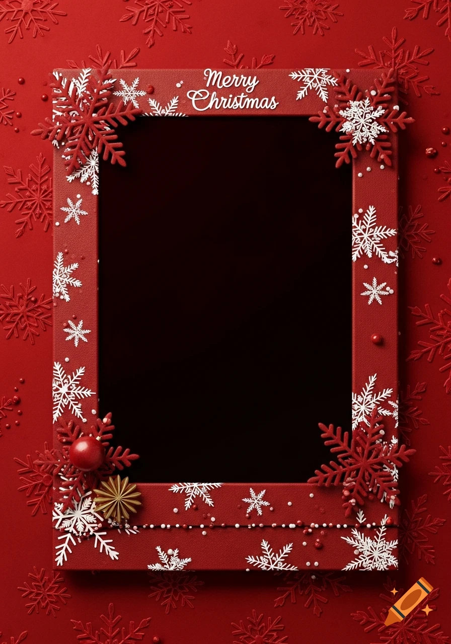 A festive red Christmas photo frame with white and red snowflakes, beads, and 'Merry Christmas' text at the top.