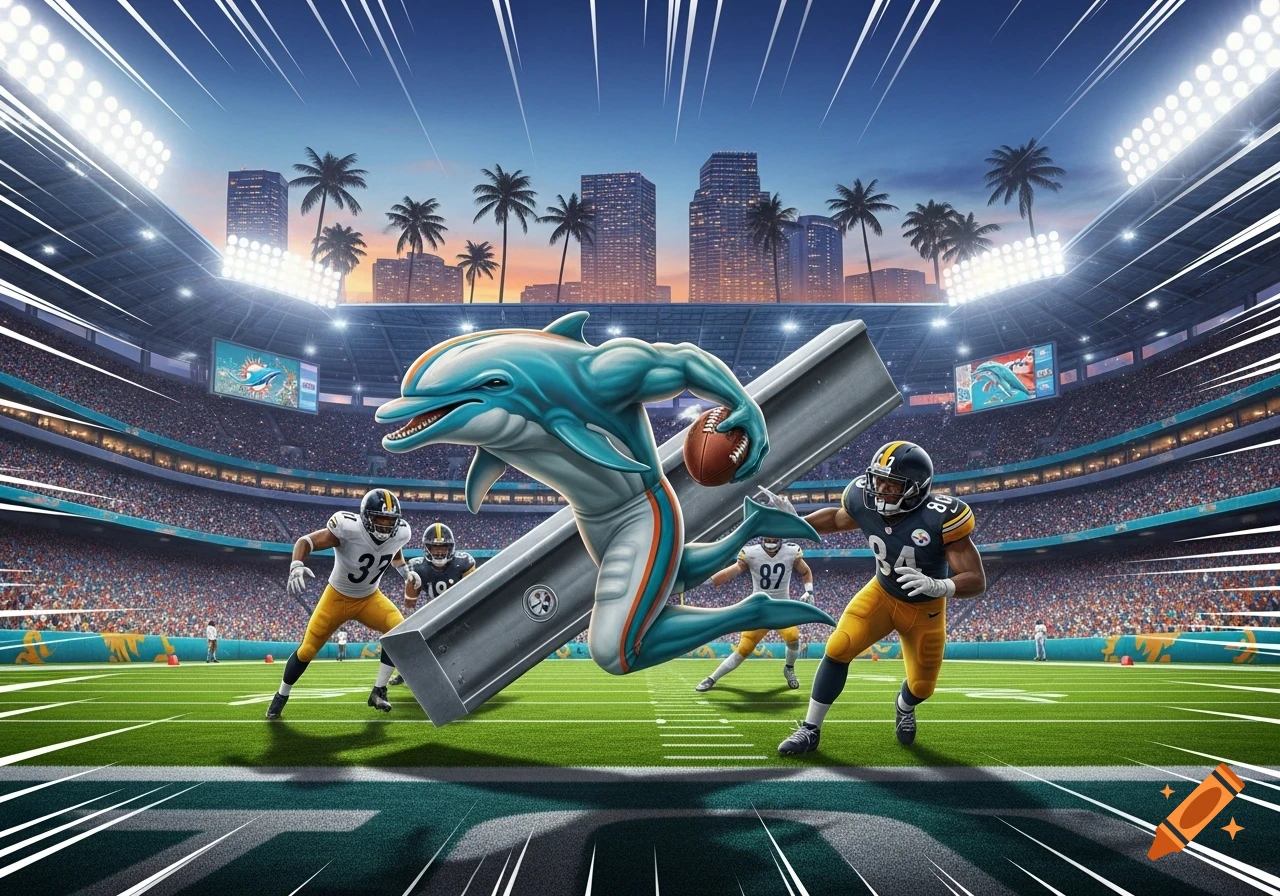A muscular dolphin mascot in a football uniform carries a metal beam, running on a football field past players in a stadium with a city skyline.