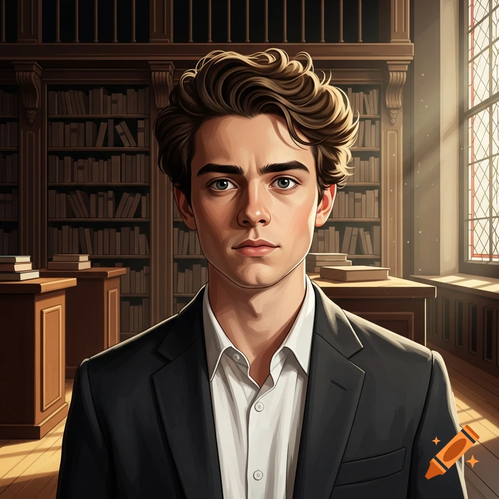 Stylized portrait of a young man in a suit looking forward in a dimly lit library with tall bookshelves and sunlight from a window.