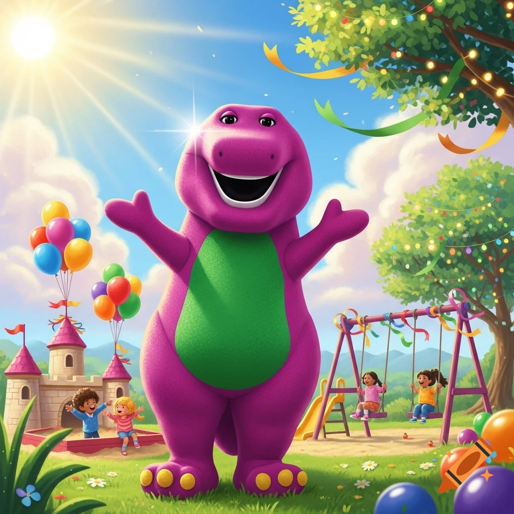 Barney the dinosaur smiles in a bright cartoon park with children on swings and a castle.