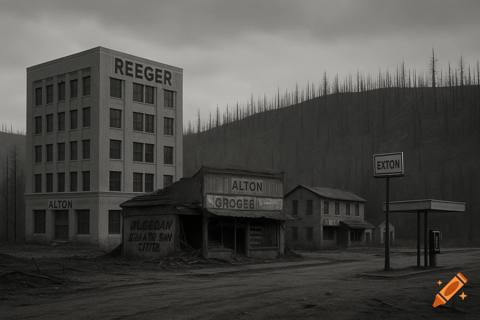 A desolate, monochrome landscape of an abandoned town with a large building labeled "REEGER" and "ALTON", a rundown store, and a gas station sign reading "EXTON", all under a cloudy sky with barren trees on a hill.