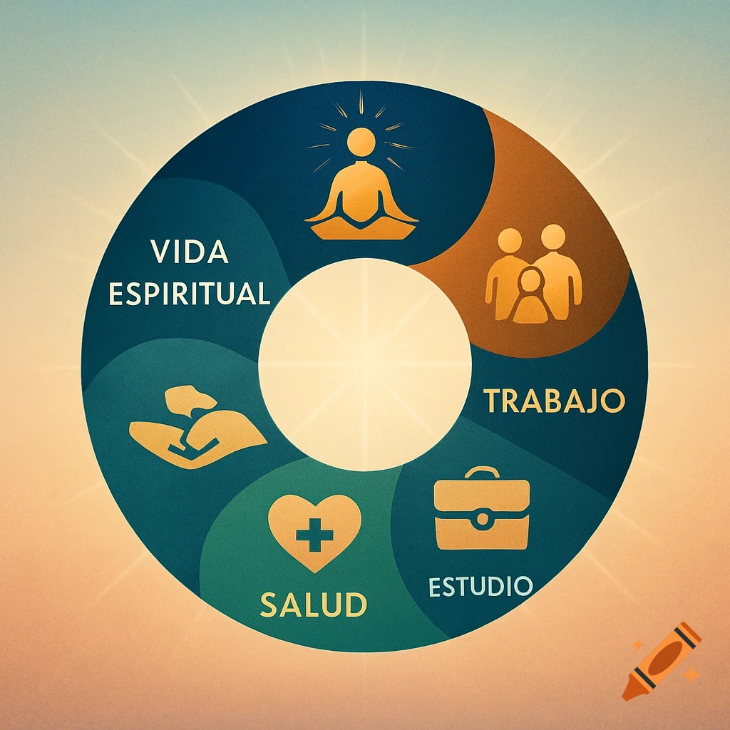 A stylized circular diagram showing different aspects of life: spiritual life, family, work, study, and health. Each section has an icon and text label.