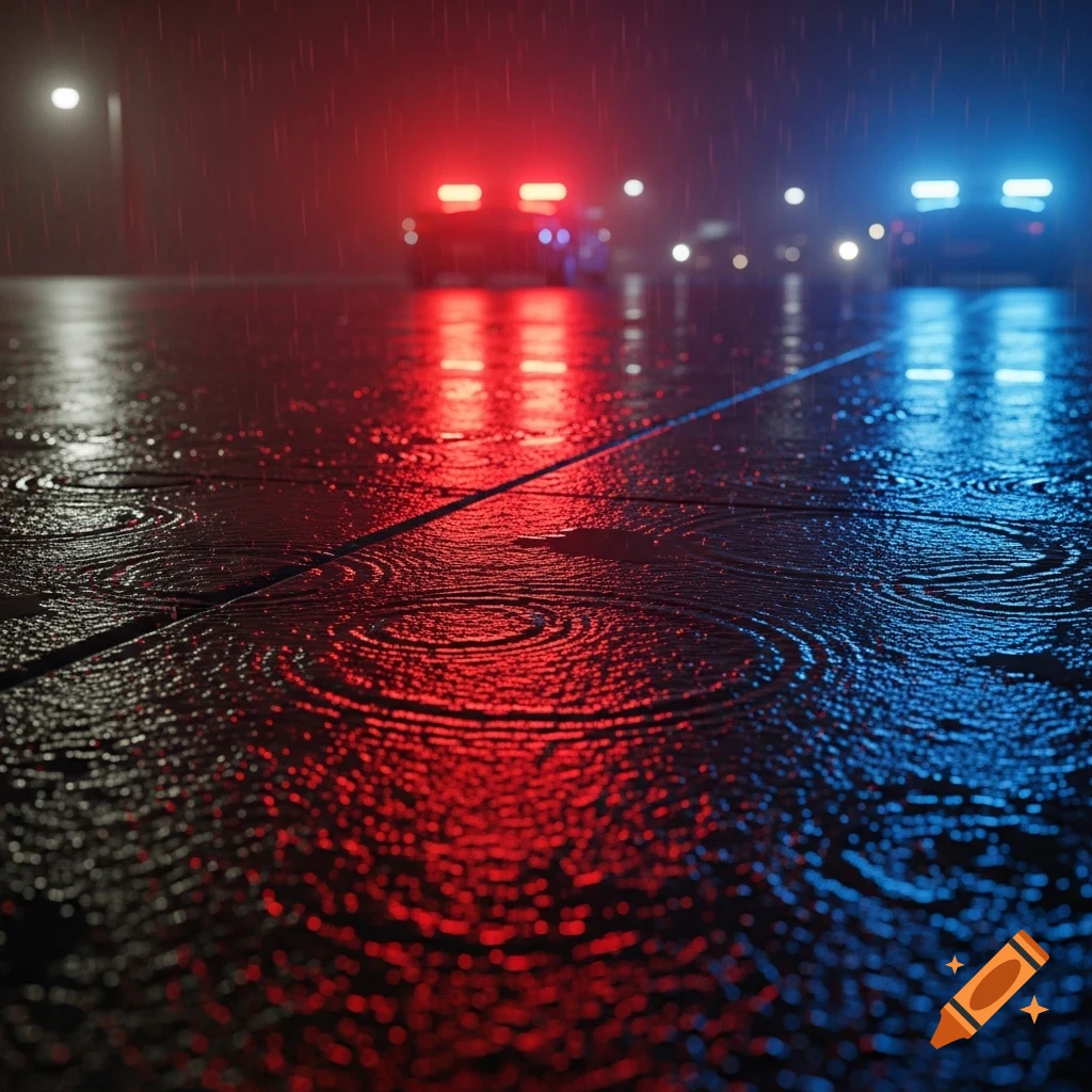 Close-up of a wet street at night with raindrops and reflections of red and blue police lights from cars in the blurry background.