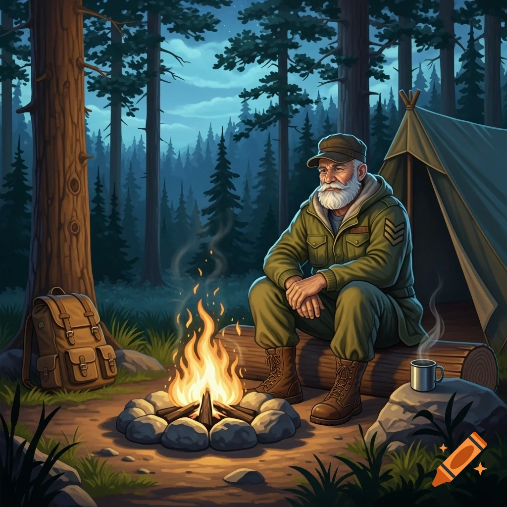 A white-bearded man in green military-style clothing sits by a campfire in a dark forest, with a tent and backpack nearby.