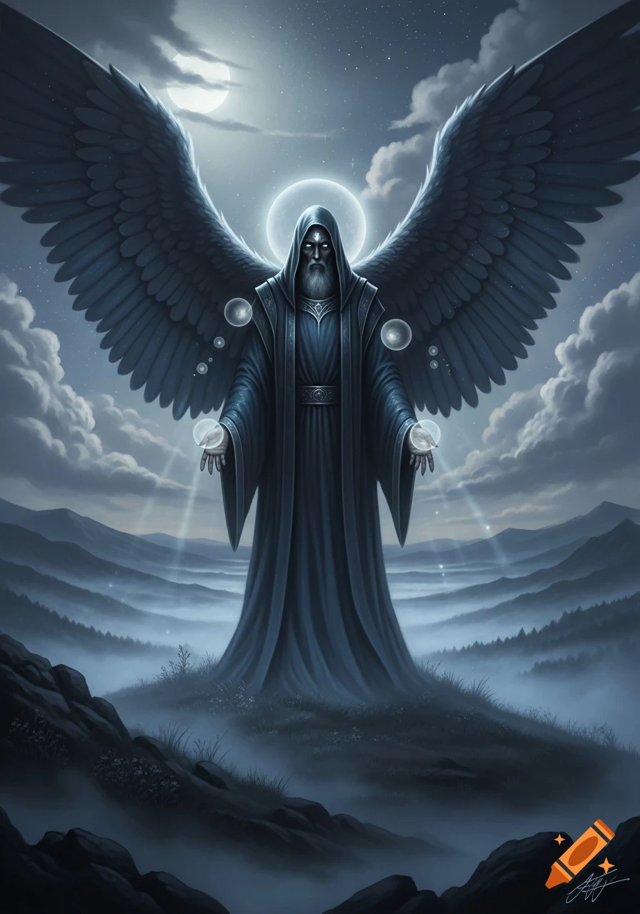 A dark-winged, robed and hooded angel or wizard stands on a misty mountain, holding glowing orbs under a moonlit sky.