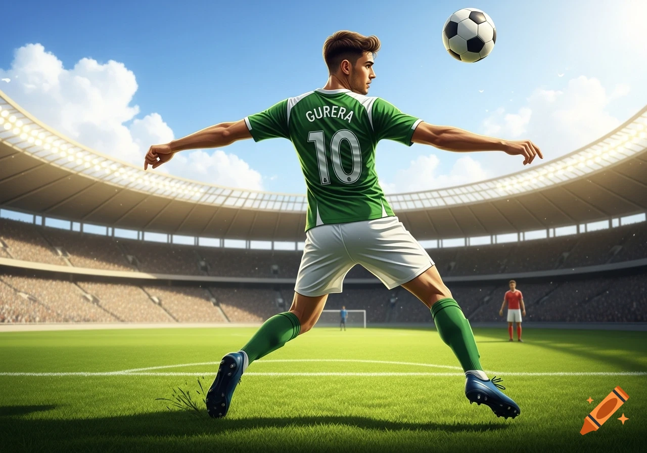 A male soccer player in a green jersey and white shorts kicks a soccer ball on a sunny stadium field.