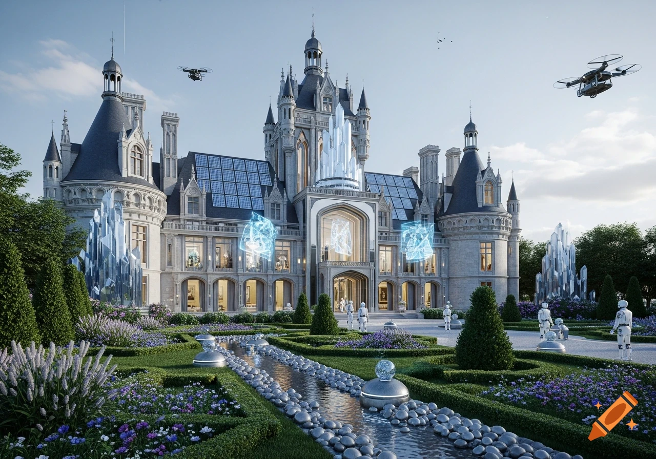 A grand futuristic castle with solar panels, crystalline formations, drones, and robots in a lush garden with a flowing stream.