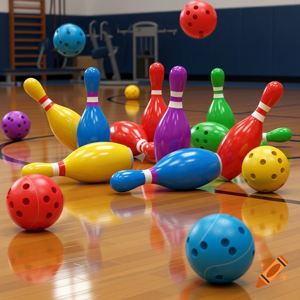 Colorful bowling pins and dodgeballs scattered across a polished gym floor with reflections.