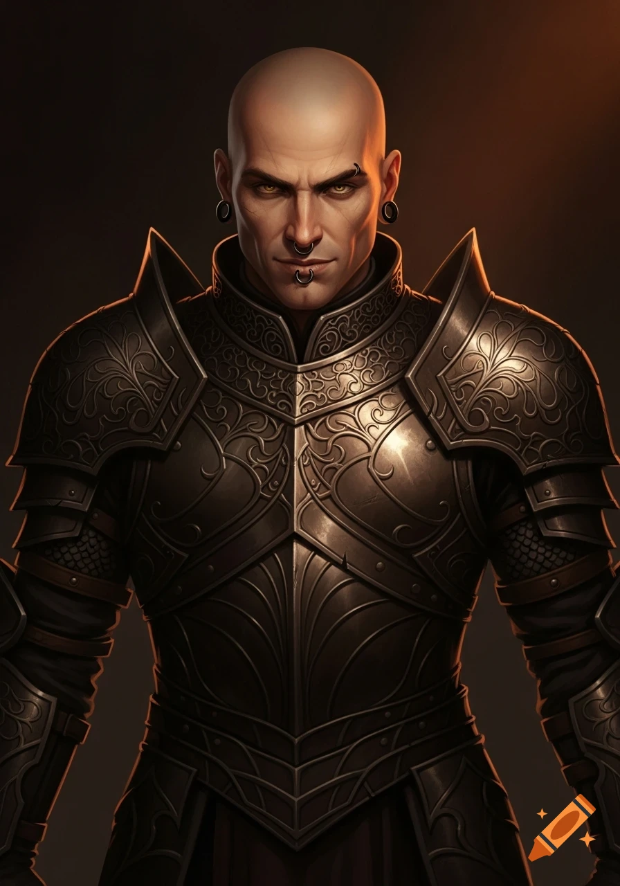 Bald human male with face piercings and a slight smirk, wearing dark intricate fantasy armor, dramatically lit in chiaroscuro style.