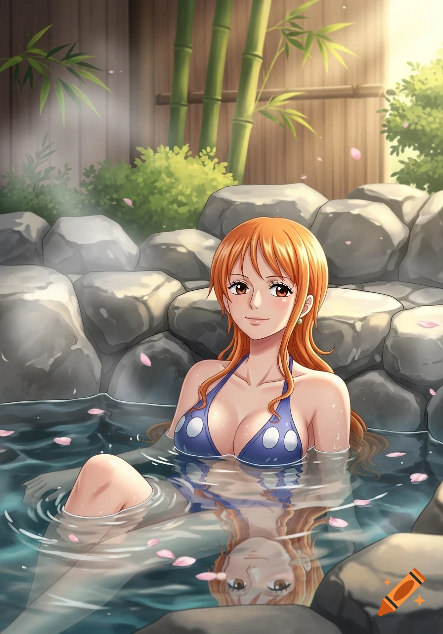 Nami from One Piece relaxing in an outdoor hot spring with bamboo and rocks in anime style.