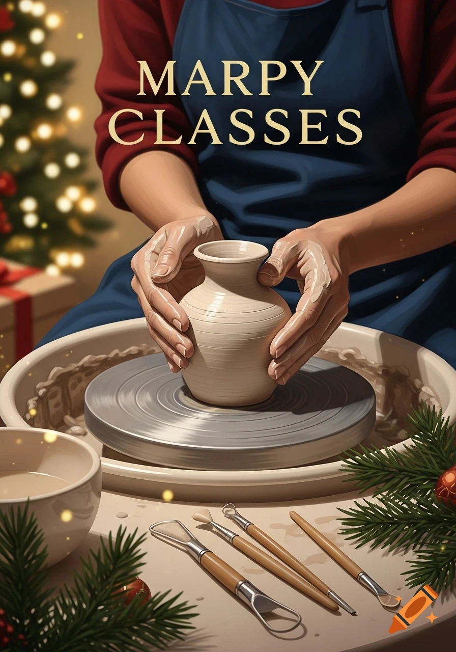 Hands shape a clay vase on a pottery wheel with 'MARPY CLASSES' text and Christmas decor. Pottery tools are on the table.