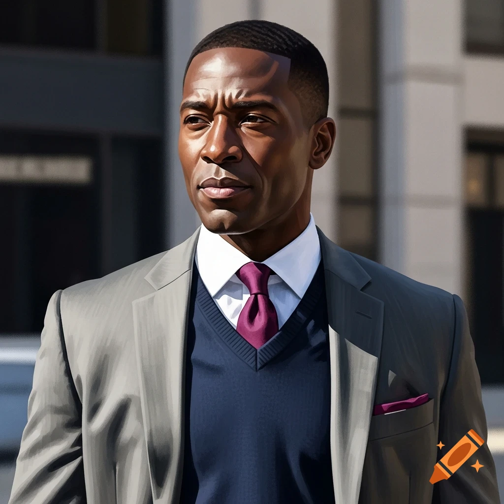 A photorealistic portrait of a Black man in a white shirt, purple tie, navy sweater, and grey suit looking left.