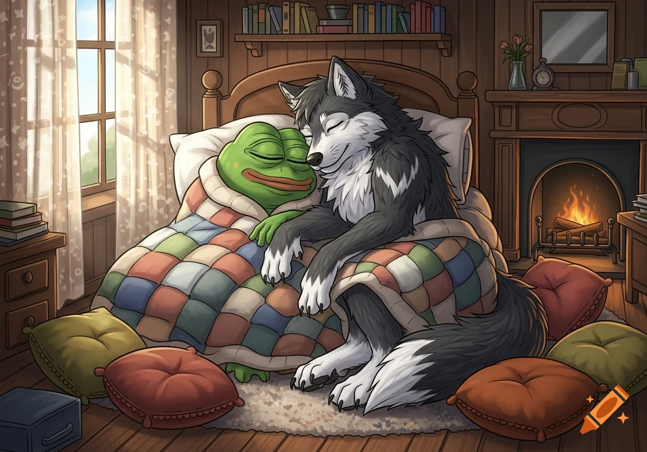 Cartoon of Pepe the Frog and a wolf cuddling under a patchwork blanket in a cozy bedroom with a fireplace.