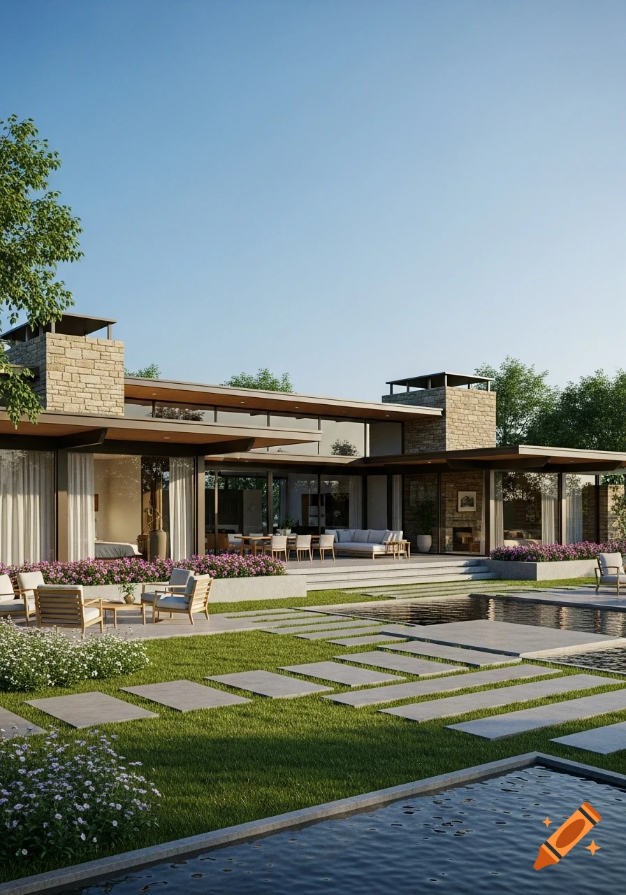 Photorealistic modern mansion with stone and wood accents, floor-to-ceiling windows, a patio, a lush lawn, and a pool.