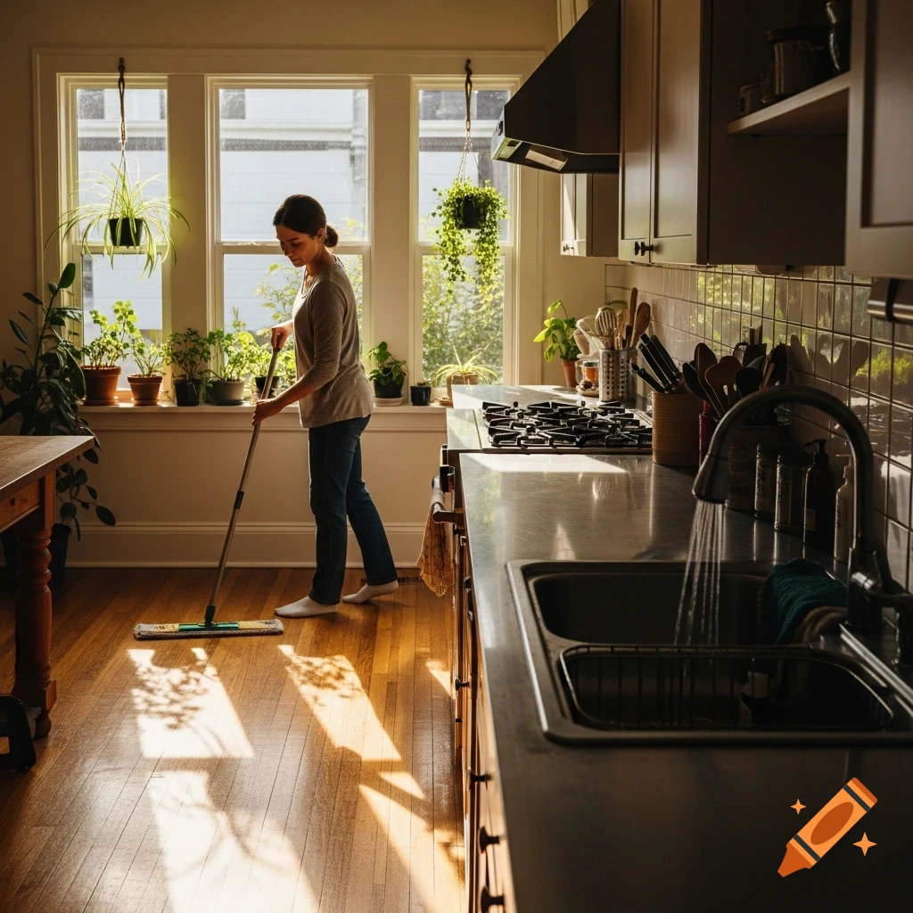 A woman mops a sunny kitchen floor next to a running faucet and green plants on the windowsill.