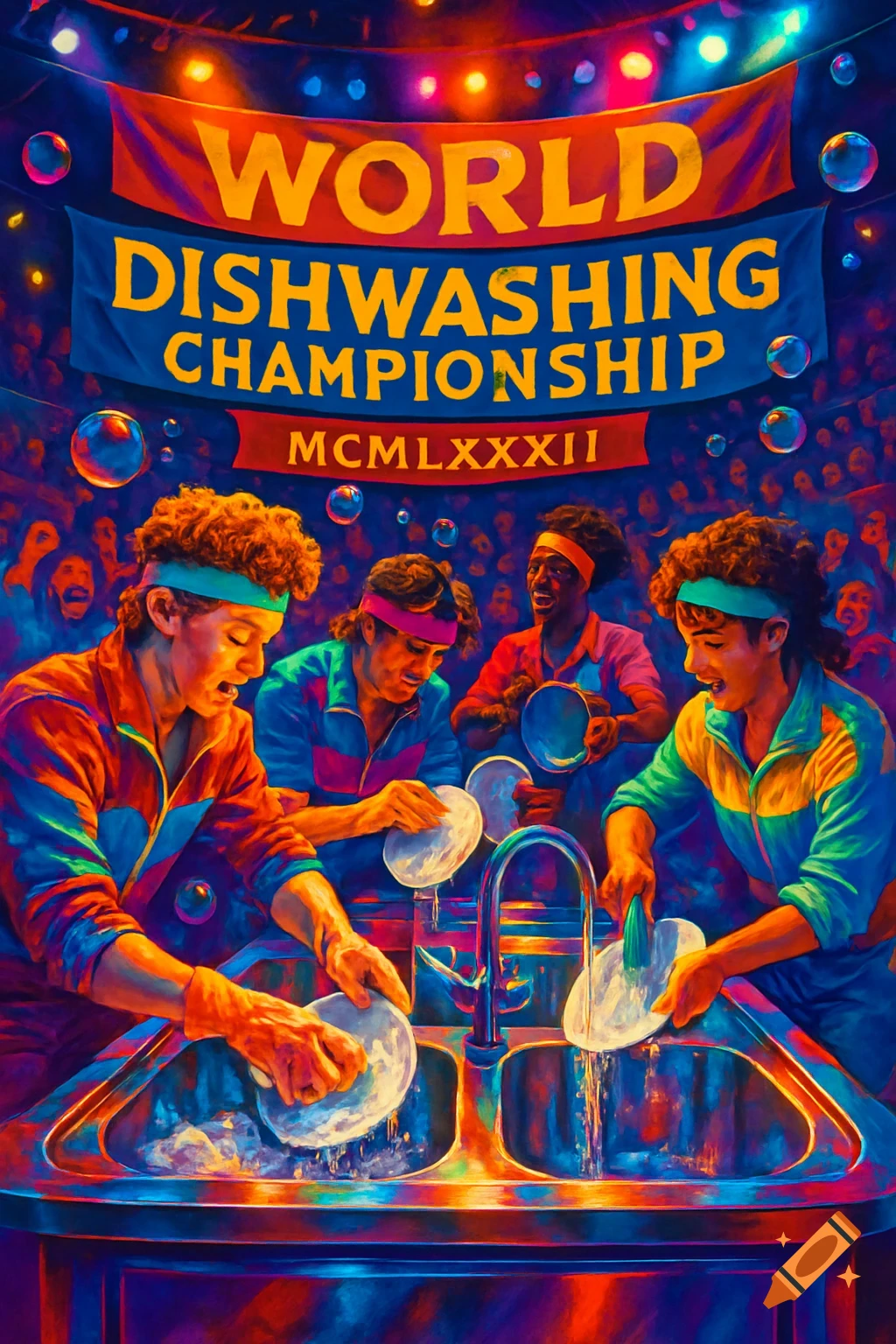 Vibrant illustration of four competitors in a World Dishwashing Championship, actively washing dishes under a banner, with a cheering crowd.