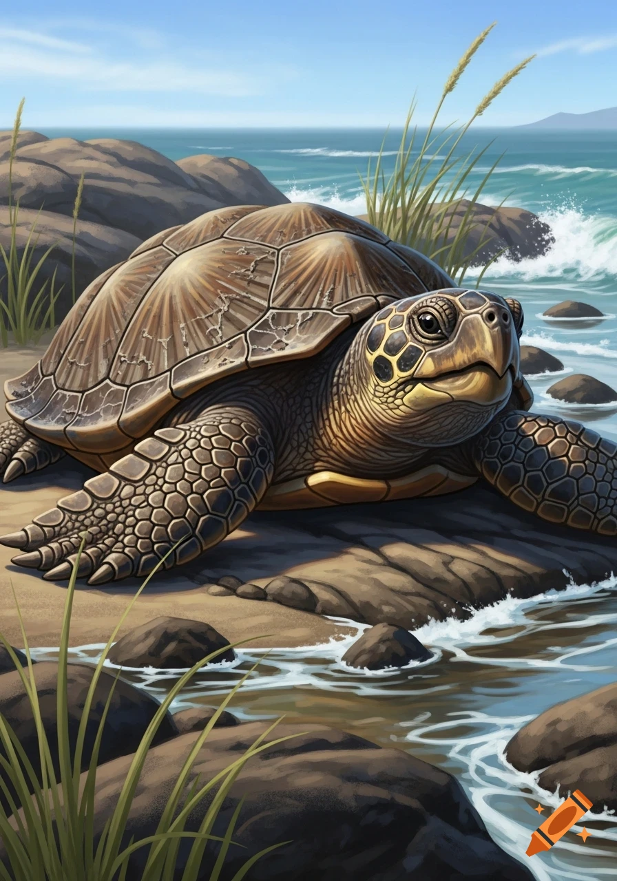 A detailed digital illustration of a large sea turtle resting on rocks at the edge of the ocean.