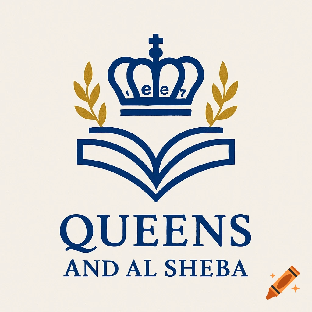 Blue and gold school logo featuring a crown with a cross, an open book, and olive branches. Text reads "QUEENS AND AL SHEBA".