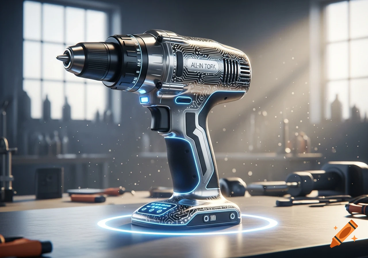 A futuristic, metallic cordless drill with blue glowing accents and circuit board patterns stands on a dark workbench.