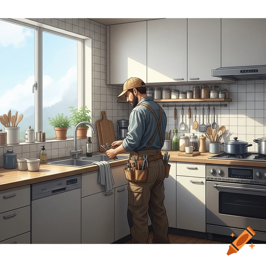A handyman in a kitchen wearing a tool belt and cap, standing by the sink and looking at tools, with kitchenware on shelves and appliances.